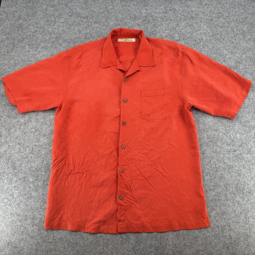 Tommy Bahama Mens Orange 100% Silk Short Sleeve Camp Medium Embroidered Palm
